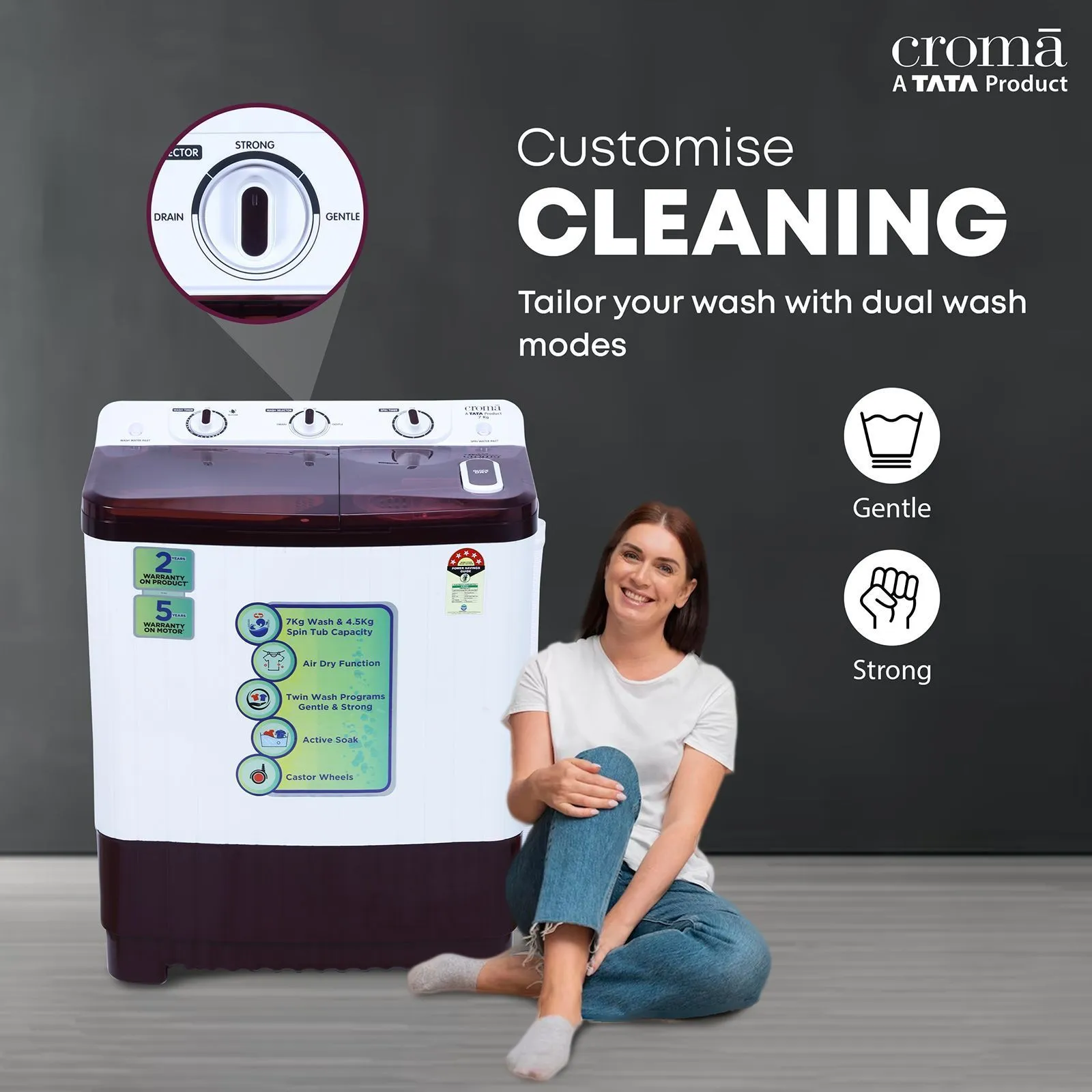 Croma 7 kg 5 Star Semi Automatic Washing Machine with Built-in Soak Function (Burgundy) - Image 5