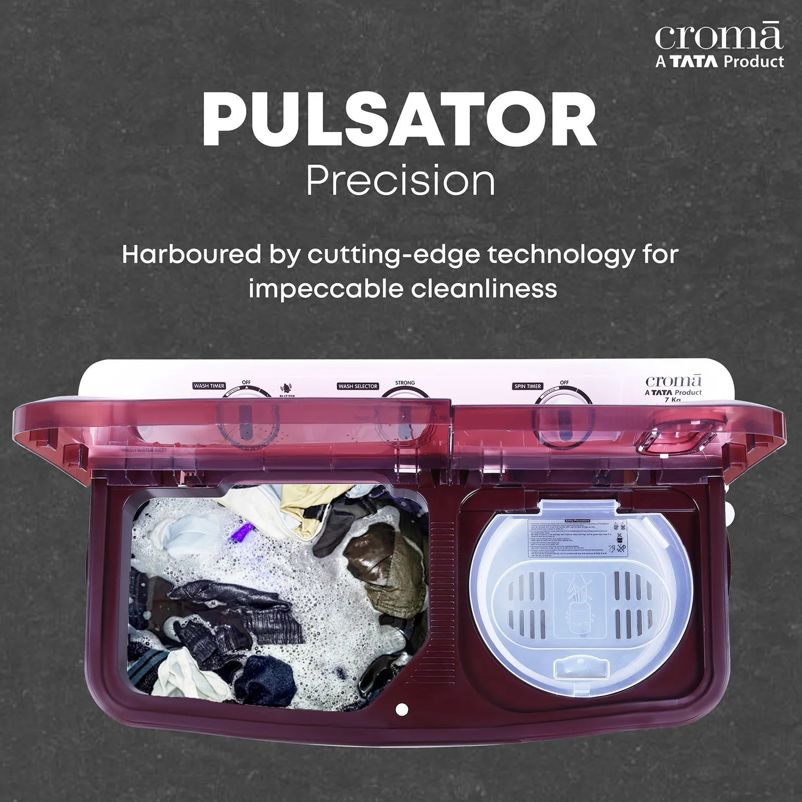 Croma 7 kg 5 Star Semi Automatic Washing Machine with Built-in Soak Function (Burgundy) - Image 6