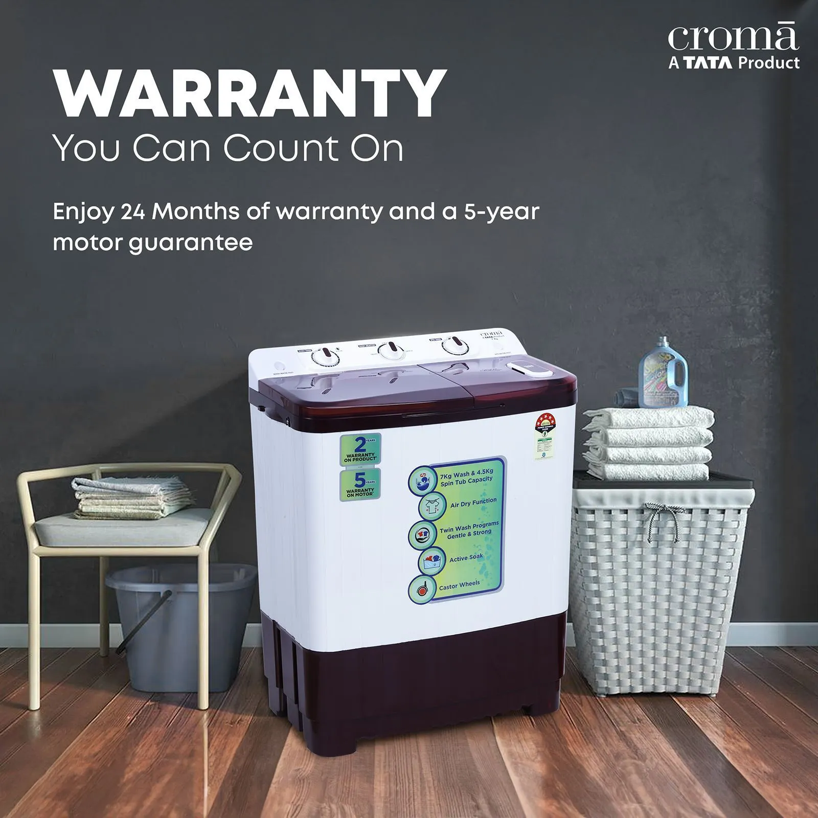 Croma 7 kg 5 Star Semi Automatic Washing Machine with Built-in Soak Function (Burgundy) - Image 4