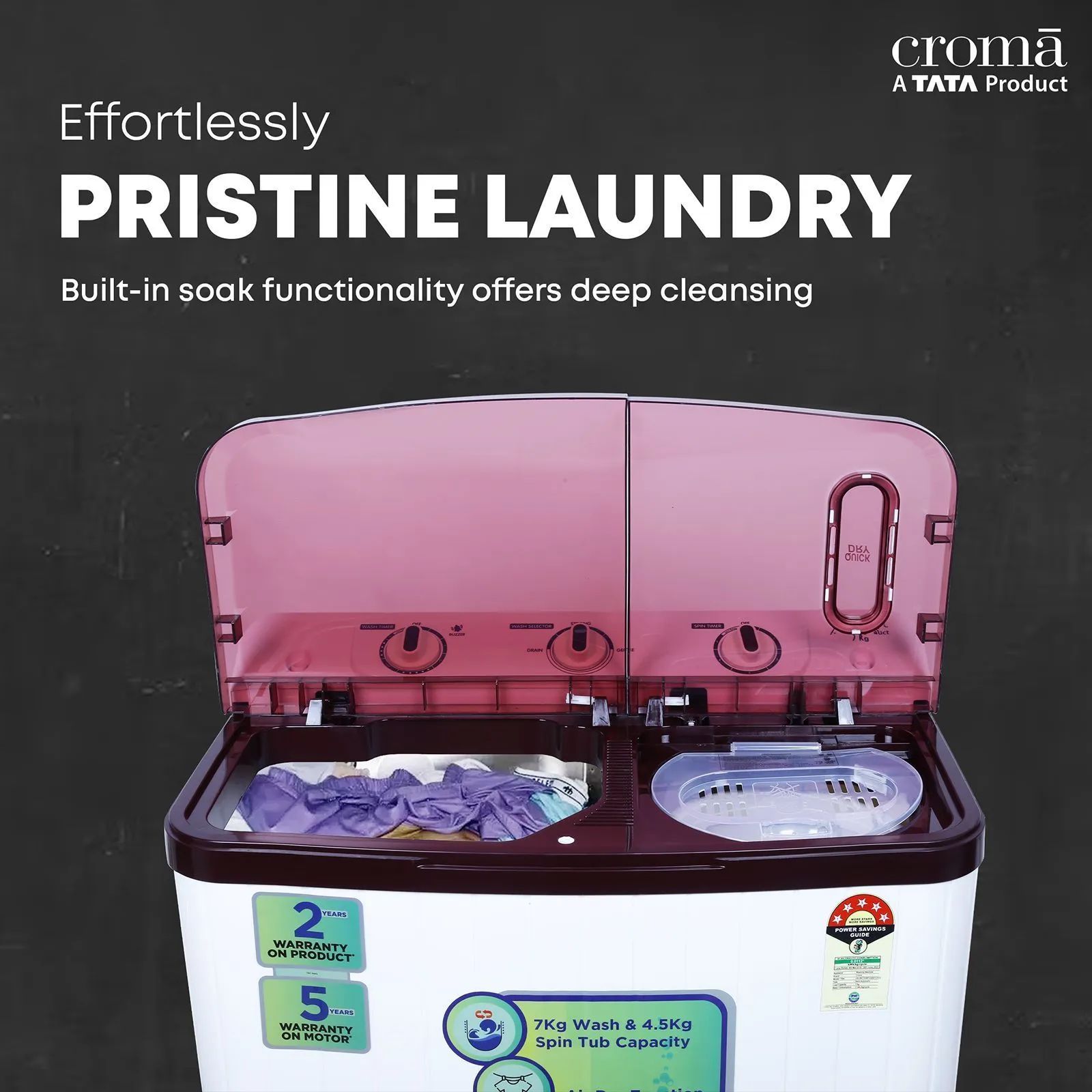 Croma 7 kg 5 Star Semi Automatic Washing Machine with Built-in Soak Function (Burgundy) - Image 3