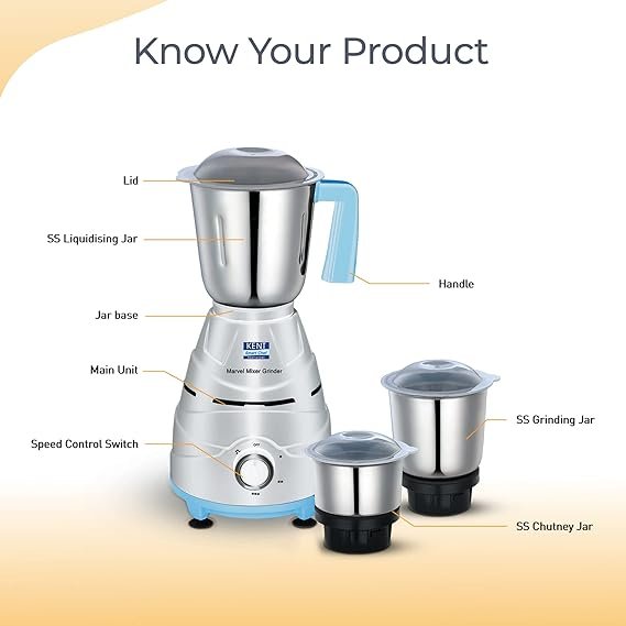 KENT Marvel Mixer Grinder 550W | Stainless-Steel Jars | 3- Speed Control - Image 2