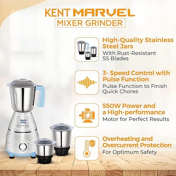 KENT Marvel Mixer Grinder 550W | Stainless-Steel Jars | 3- Speed Control - Image 3
