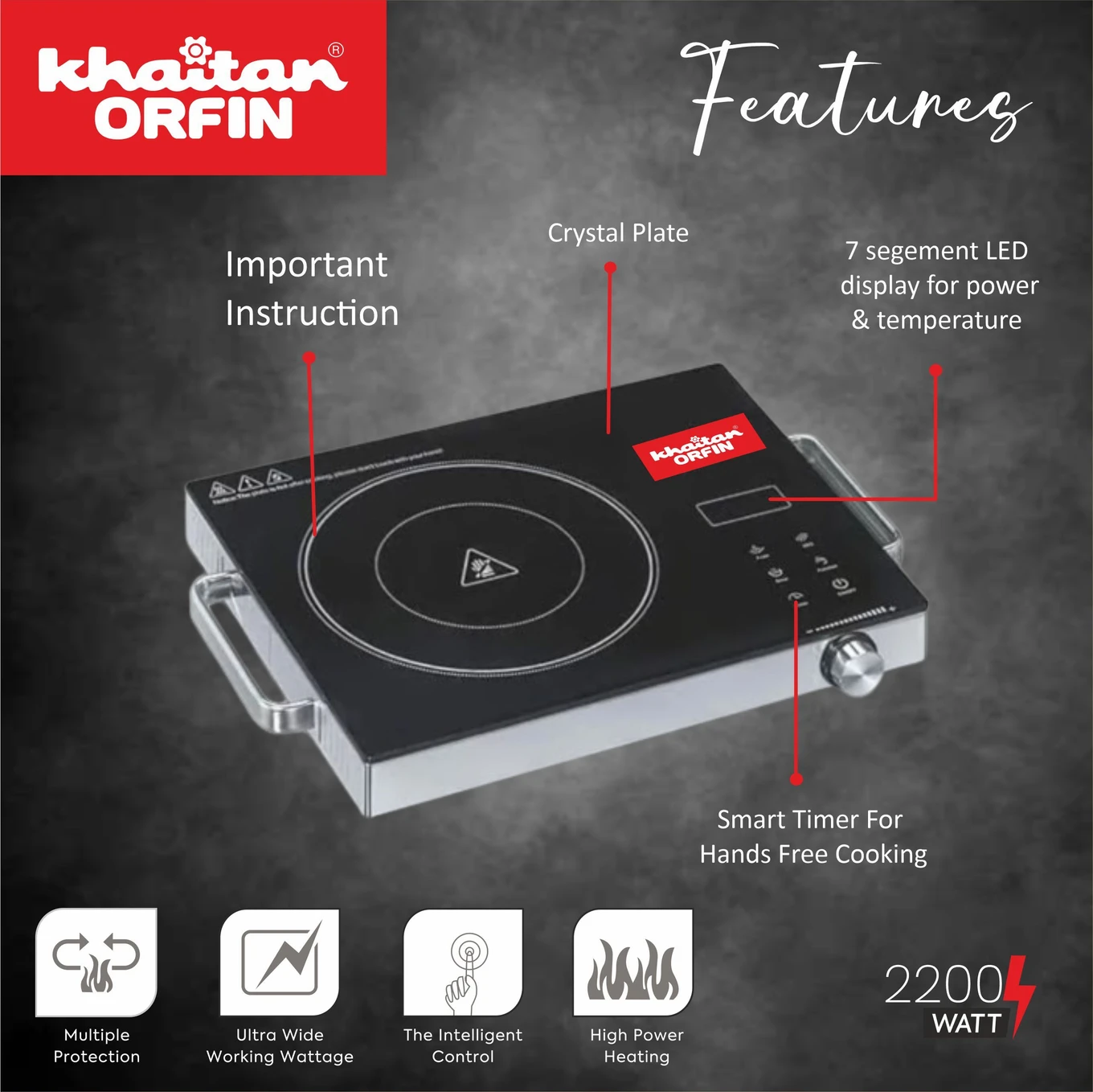 KHAITAN ORFIN Prezzo KO-425 Infrared Glass Cooktop with Stainless Steel Frame (2200 Watt, Black) - Image 6