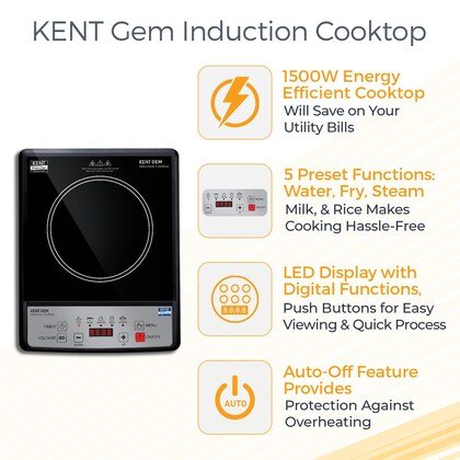 KENT 16058 Gem Induction Cooktop 1500W | 5 Pre-Set Function | Overheating Protection | Adjustable Temperature | Digital Functions with LED Display - Image 3